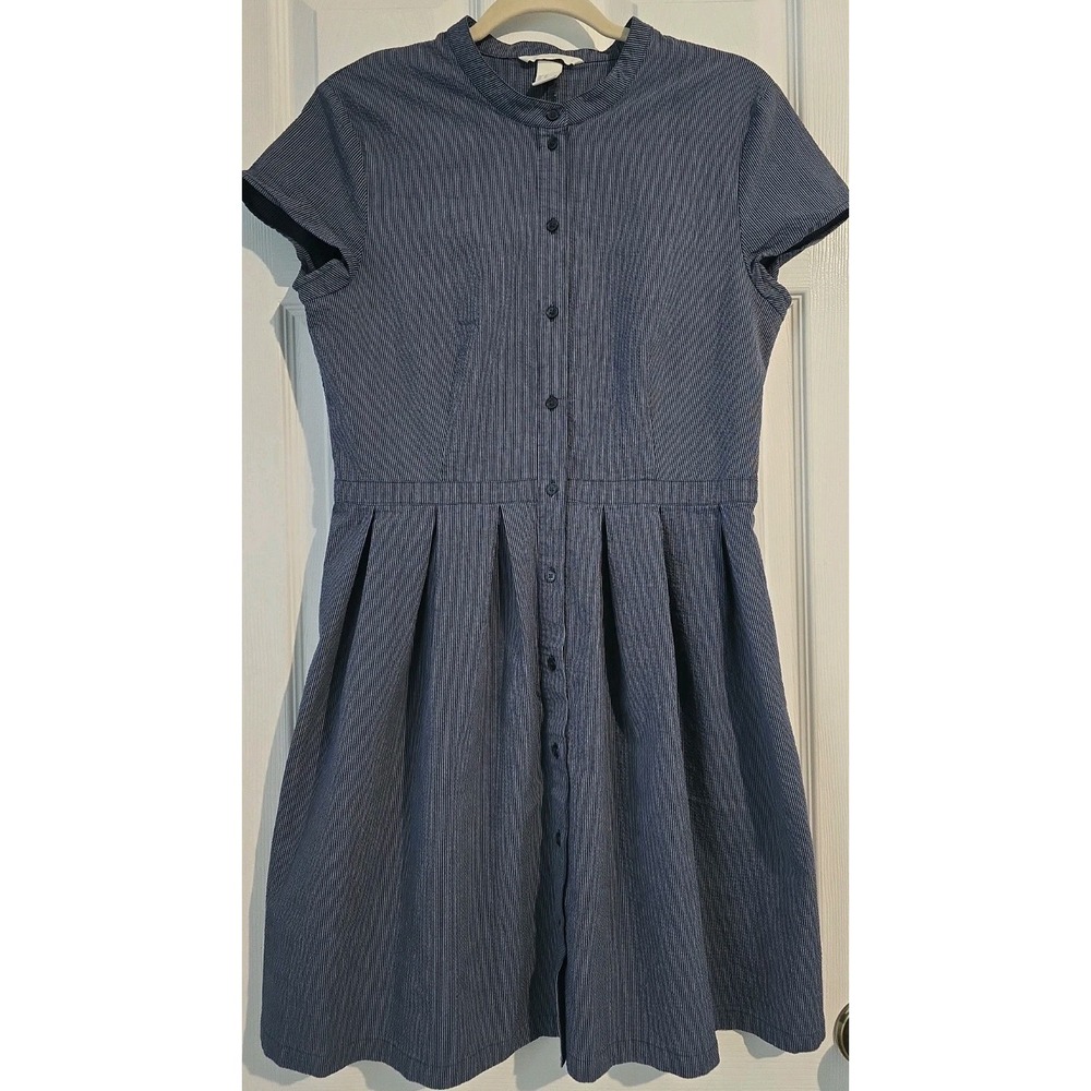 10 H&M blue stripe Dress with pleats Women's full skirt knee length blue cap